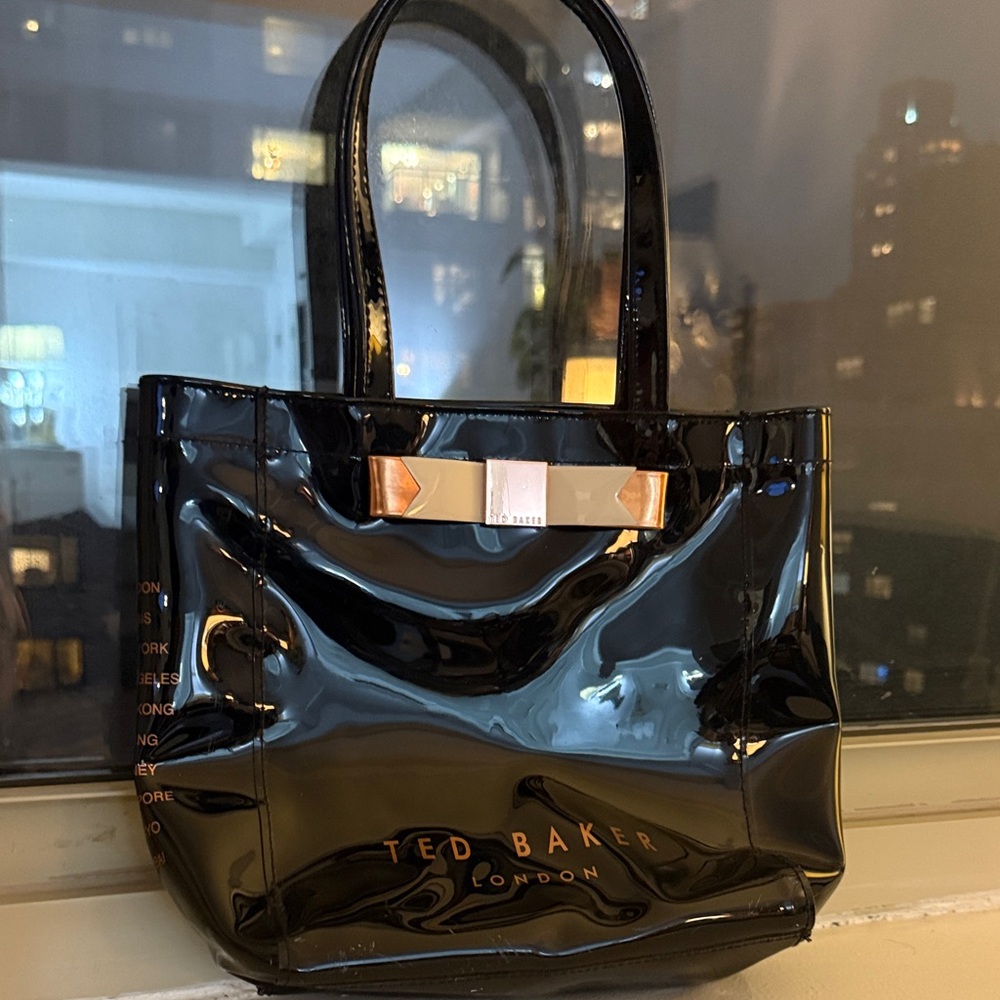 Ted Baker Black Patent Tote with Rose Gold Bow Detail
